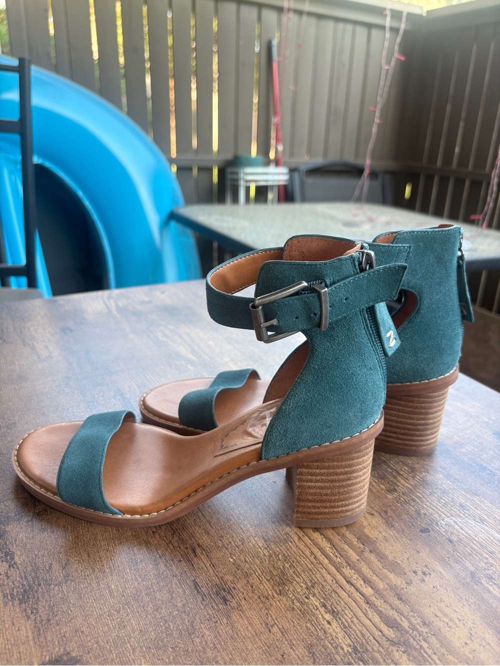 Suede Ankle-Strap Block Heel Sandals in Teal